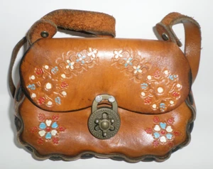 Vintage handbesetzte Leder Handtasche klein 8" braun bemalt Blumen Boho Hippie - Bild 1 von 9