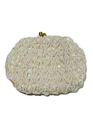 Vintage White Sequin Pearl Iridescent Evening Mini Purse Handmade Hong Kong 3” - Image 1 of 4