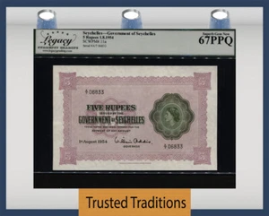 TT PK 11a 1954 SEYCHELLES 5 RUPEES SCARCE AND DESIRABLE ISSUE LCG 67 PPQ SUPERB - Picture 1 of 2