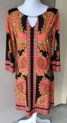 HAANI пейсли Shift платье женщин средний цепочка замочная скважина декольте оранжевый черный  - Изображение 1 из 4