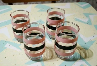 Lote De 4 Vasos Jugos Vintage Años 50 Rosa Negro Rayas MCM Foto 1 de 4