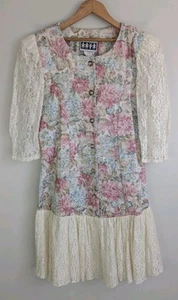Vintage 80s 90s Girls Dress Lace Pastel Floral Tapestry Modest Size 16 USA Made - Picture 1 of 9