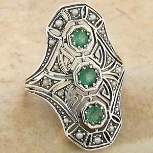 ANILLO FILIGRANA ESTILO ART DECO PLATA ESTERLINA 925 ESMERALDA Y PERLA GENUINA #753 - Imagen 1 de 4