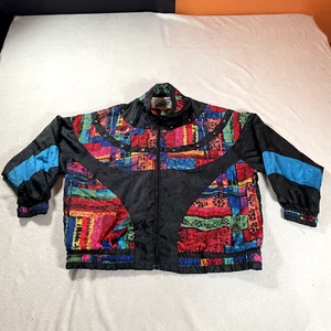 Vintage Color Block Jacket Womens 18 Black Psycadelic Geometric Lightweight Top - Picture 1 of 16