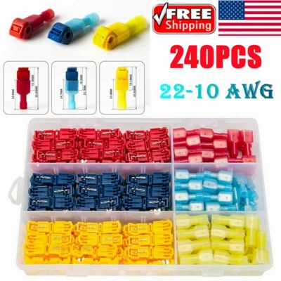 240PCS Insulated T-Taps Quick Splice Crimp Terminals 22-10AWG Wire Connectors US - Image 1 of 4
