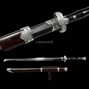 Soshu Kitae Clay Tempered Chinese Dao 古刀 Ebony Sheath Brass Straight Sword Sharp - Picture 1 of 10