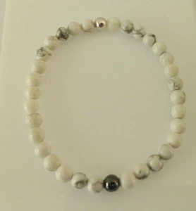 Men's Handmade White Howlite Hematite Beaded Bracelet - Picture 1 of 4