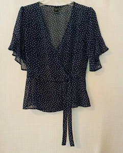 Windsor Women's Size Medium Sheer Wrap Tie Blouse Navy Polka Dot Short Sleeve - Picture 1 of 10