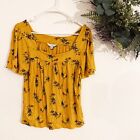 Lucky Brand Womens M Floral Top Shirt Short Sleeve Square Neck Mustard Yellow