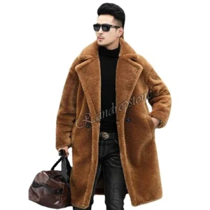 Men's Faux Fur Windbreaker Coat Thick Fleece Lapel Long Jacket Winter Outwear - Picture 1 of 13