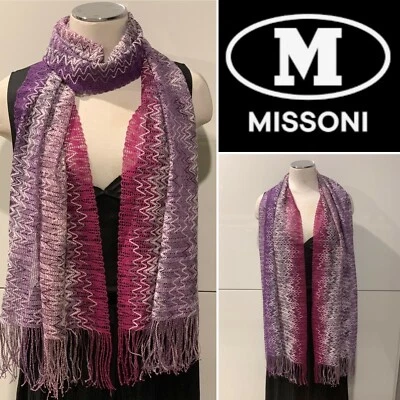 MISSONI Италии фиолетовый, белый, серый, розовый шеврон полоски окаймленный длинный шарф 48 x 176 см  - Изображение 1 из 4