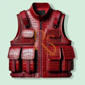 Men's Military Style Red Crocodile Print Leather Vest Genuine Lambskin Leather - Picture 1 of 2