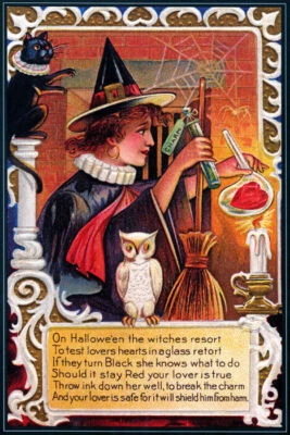 WITCH TEST LOVERS HEARTS OWL BLACK CAT CHARM HALLOWEEN VINTAGE POSTER REPRO - Image 1 of 3