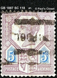 GB 1887 SC 118 QUEEN VICTORIA 5p TYPE II USED NO GUM HANDSTAMPED CNX F/VFINE #1 - Picture 1 of 2