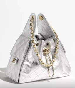 New 25S Chanel Medium Silver Metallic Hobo 25 Bag With Pouch Gold Hardware 💕 - Picture 1 of 23