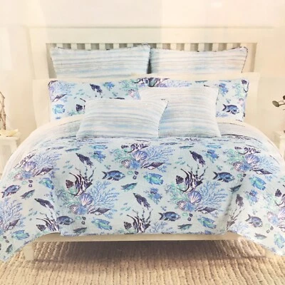 3pc Nicole Miller Ocean FULL QUEEN Quilt Sham Set Tropical Fish Seashell Blue - Image 1 of 4