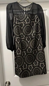EN FOCUS STUDIO Size 6 Sheath Dress Beige Black Sheer Sleeves NWOT - Picture 1 of 6