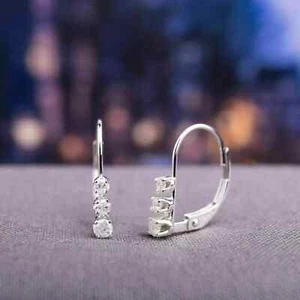 0.11 Ct Round Cut Real Diamond Hoop Huggie Earrings 14k White Gold Plated Silver - Picture 1 of 3