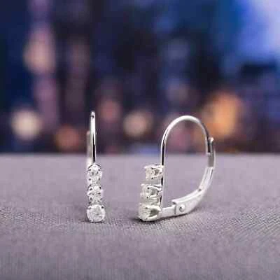 0.11 Ct Round Cut Real Diamond Hoop Huggie Earrings 14k White Gold Plated Silver - Image 1 of 3