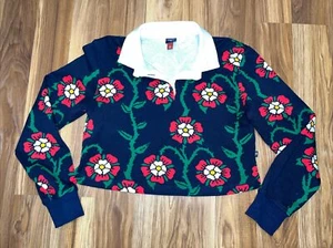 Women's Rowing Blazers Floral Crop Shirt Top LS Size Sm Navy Rugby Collared - Picture 1 of 9