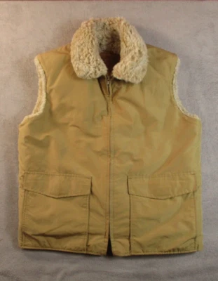 Vintage Woolrich Faux Fur Lined Hiking Vest Large Tan Khaki Hunting Zip Made USA - Image 1 of 4