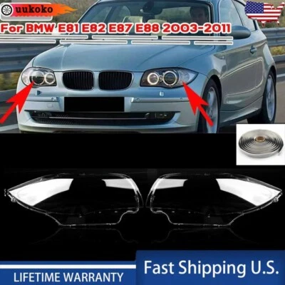 Pair Headlight Lens Cover Shell+Glue For BMW 1-Series E87 E82 E88 2003-2011 - Image 1 of 4