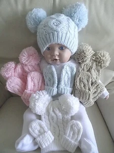 Baby Knitted Warm Hat Mitts Set Pink Blue Boy Girl Chunky Yarn PomPom Cream Grey - Picture 1 of 26
