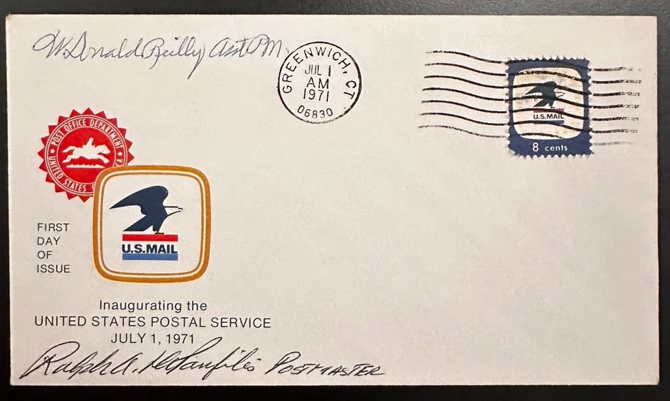 Sc 1396 7-17-71 USPS Inauguration FDC Greenwich CT signed auto PM/Asst PM VF+ - Image 1 of 1