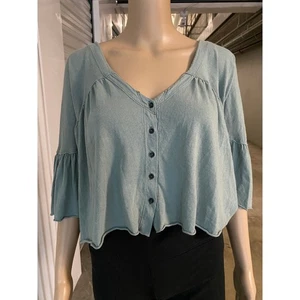 We The Free Button Front Top Bell Sleeve Raw Hem Green Medium - Picture 1 of 9