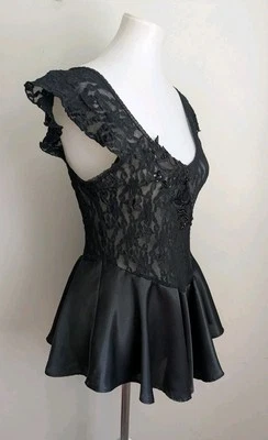 Vintage Black BABYDOLL Ballet Nightie Stretch Lace Short Twirly Skirt Satin S M - Image 1 of 4