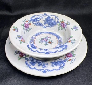 Rare Booths Blue Oriental Scene Rim Pink Floral Bowl & Under-plate England - Picture 1 of 23