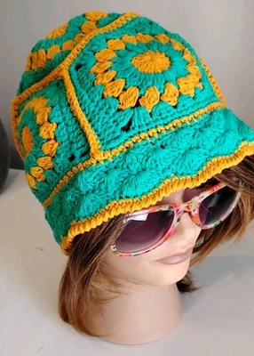 Women’s Boho Hippie Floral Crochet Bucket Hat – Foldable Floppy Hat Handmade VG - Image 1 of 4