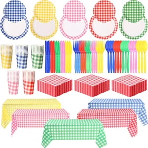425 Pcs Disposable Gingham Party Supplies Set for 60 Guests - Plaid Paper Pla... - Picture 1 of 7
