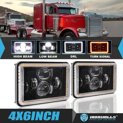For Western Star 4900 Semi Truck 4x6" Inch LED Headlights Hi-Lo DRL Turn Signal - Image 1 of 4