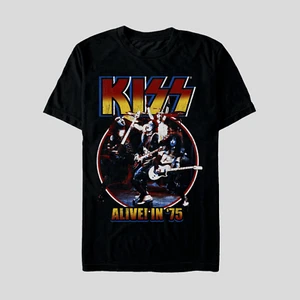 Small 34-36 KISS Mens Graphic Black Crew Neck Shirt Alive In 75 Music Group New - Picture 1 of 2