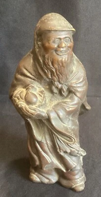 Antique Chinese Bronze 8” Tall Figure of a Smiling Man Gathering Fruit - Image 1 of 4