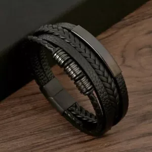 Leder Armband Herren Schwarz Echtes Edelstahl Männer Geschenk - Bild 1 von 60