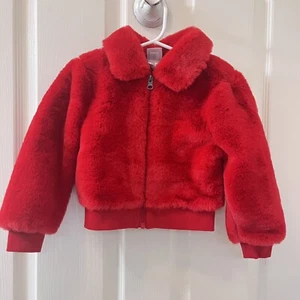 Hanna Andersson Red Faux Fur Bomber Jacket Girls Size 100 US 4 - Picture 1 of 12