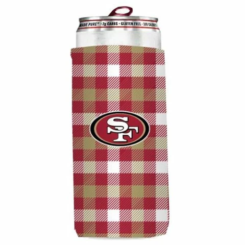 San Francisco 49ers Plaid Slim Can Cooler, NFL Coozie Koozie Coolie Cover