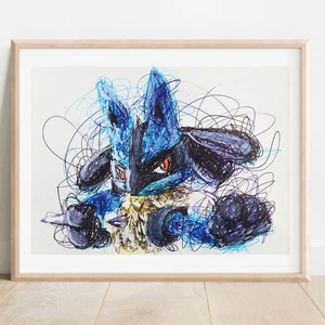 Lucario Ballpoint Pen Print, Pokemon Art Poster - Picture 1 of 3