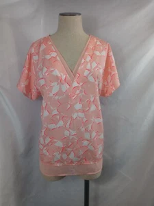 Women's DKNY Top Size Large Pink Floral Print V-Neck Short Sleeve Polyester - Picture 1 of 9