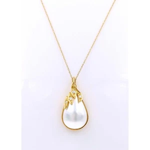 18K Gold Mabe Pearl Diamond Necklace Vintage Diamond Mabe Pearl 18k Pendant - Picture 1 of 10