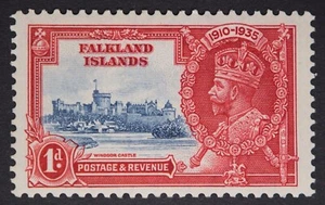 FALKLAND ISLANDS SG139d 1935 KGV 1d Dp Blue & Scarlet, Flagstaff RH Turret MLH - Picture 1 of 2