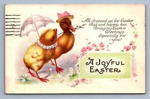 Postcard Vtg Easter Holiday Celebration Joyful Chick And Duckling Hat Umbrella - Picture 1 of 2