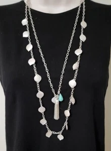 Womens Necklace Matte Silver Two Layered Turquoise Teardrop Tassle Charm 26"-28" - Picture 1 of 4