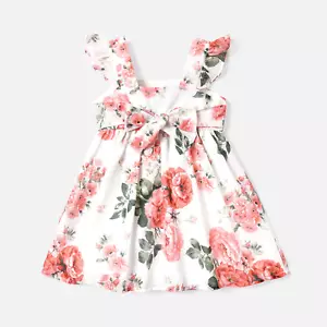 Toddler Girl Floral Print Square Neck Flutter Sleeve Belted Dress Wedding - Picture 1 of 5