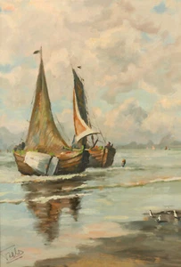 Fischerboote Am Ufer Gebirge Ölgemälde Signiert Foels ca. 1930-40 - Bild 1 von 12