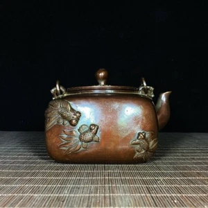6.1" Collection Chinese Pure Bronze Enchase Animal Goldfish Hoop Handle Teapot - Picture 1 of 9