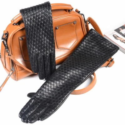 Guantes largos/ópera de noche de piel de cordero con diseño tejido de cuero real para mujer y mujer Foto 1 de 4