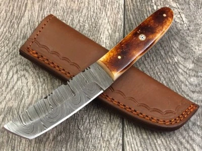 Custom Handmade Damascus Steel Hunting Tanto Bushcraft Knife with Leather Sheath - Image 1 of 4